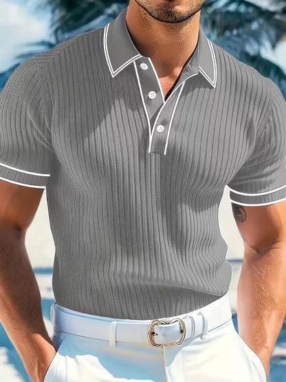 Effortless Ribbed Knit Polo Shirt for Women with Collar Short Sleeve Contrast Trim Casual Style