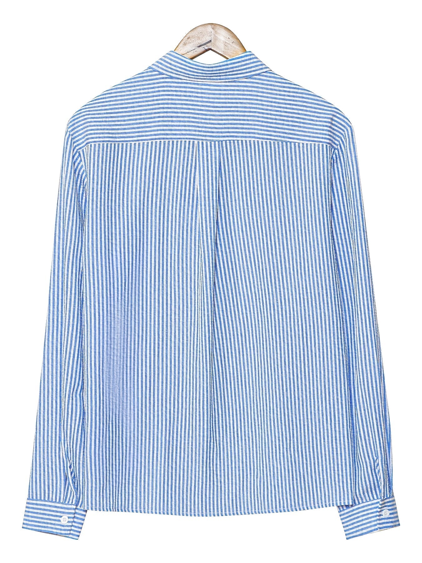 Effortless Blue Striped Seersucker Blouse for Women with Collar Long Sleeve Button Front Relaxed Style
