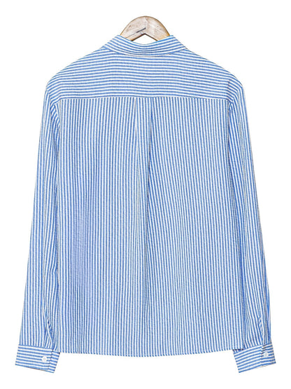 Effortless Blue Striped Seersucker Blouse for Women with Collar Long Sleeve Button Front Relaxed Style