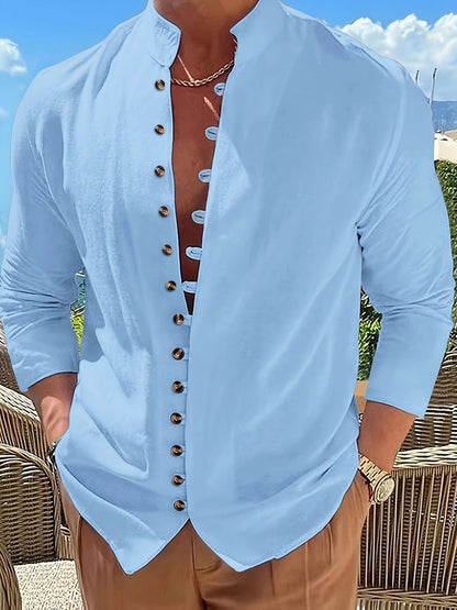 Effortless Linen Button Front Shirt for Women with Stand Collar Long Sleeve Curved Hem Relaxed Casual Style