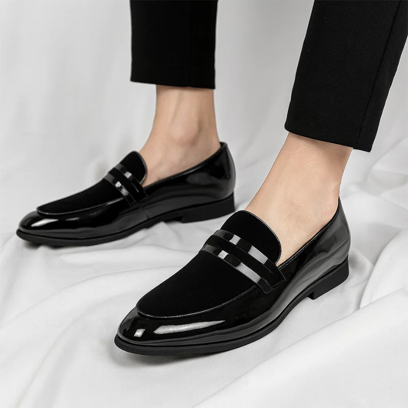 Elegant Velvet Patent Leather Loafer for Women with Pointed Toe Penny Strap Block Heel Formal Style