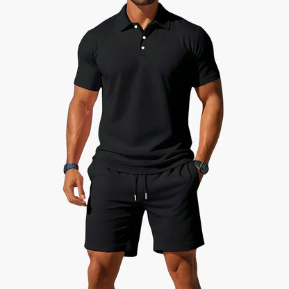Comfortable Textured Knit Two Piece Set for Women with Collared Short Sleeve Drawstring Shorts Casual Style
