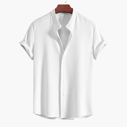 Effortless Textured Button Up Shirt for Women with Banded Collar Short Sleeve Relaxed Casual Style
