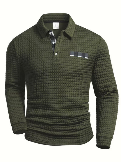 Comfortable Waffle Knit Polo Shirt for Women with Collar Long Sleeve Plaid Trim Button Front Casual Style
