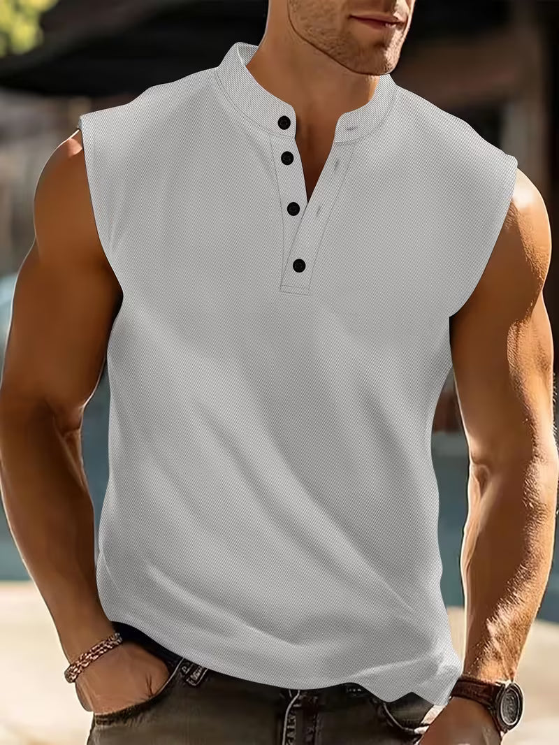 Effortless Textured Knit Tank Top for Women with Stand Collar Button Front Sleeveless Relaxed Casual Style