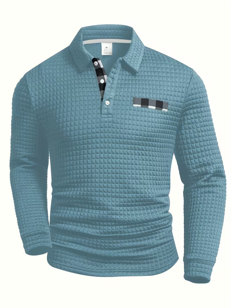 Comfortable Waffle Knit Polo Shirt for Women with Collar Long Sleeve Plaid Trim Button Front Casual Style