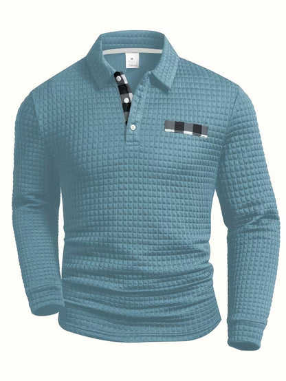 Comfortable Waffle Knit Polo Shirt for Women with Collar Long Sleeve Plaid Trim Button Front Casual Style