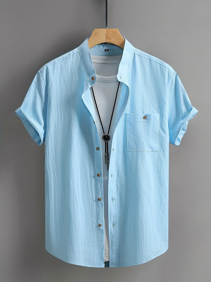 Effortless Linen Shirt for Women with Stand Collar Short Sleeve Button Front Casual Style