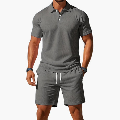 Comfortable Textured Knit Two Piece Set for Women with Collared Short Sleeve Drawstring Shorts Casual Style