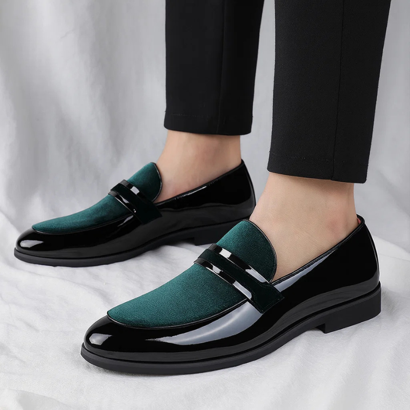 Elegant Velvet Patent Leather Loafer for Women with Pointed Toe Penny Strap Block Heel Formal Style
