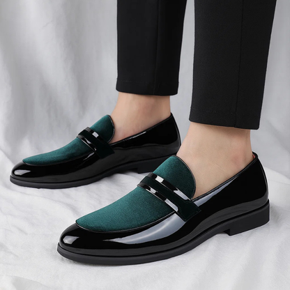Elegant Velvet Patent Leather Loafer for Women with Pointed Toe Penny Strap Block Heel Formal Style