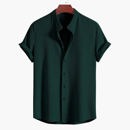Effortless Textured Button Up Shirt for Women with Banded Collar Short Sleeve Relaxed Casual Style