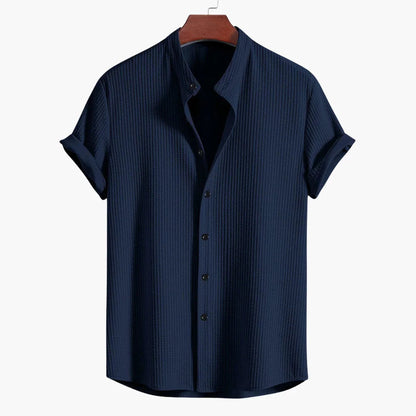 Effortless Textured Button Up Shirt for Women with Banded Collar Short Sleeve Relaxed Casual Style