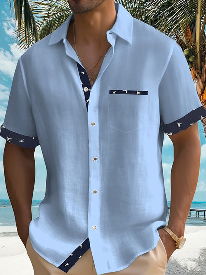 Effortless Contrast Trim Linen Shirt for Women with Collar Short Sleeve Button Front Relaxed Casual Style