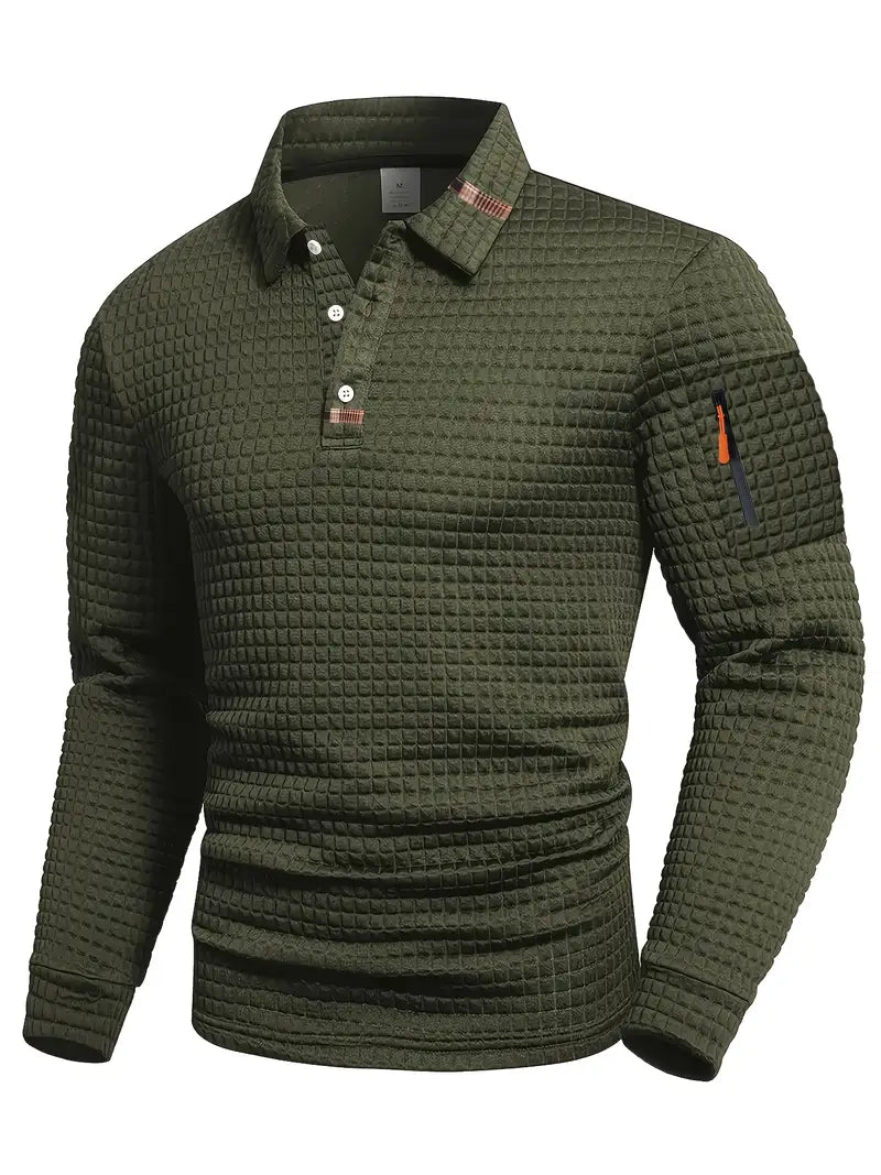 Comfortable Waffle Knit Polo Shirt for Women with Collared Long Sleeve Zip Pocket Casual Style