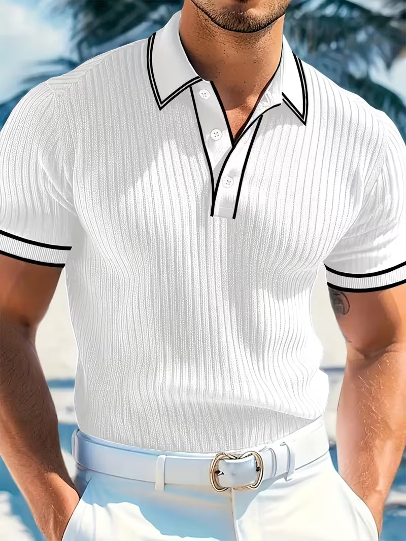 Effortless Ribbed Knit Polo Shirt for Women with Collar Short Sleeve Contrast Trim Casual Style