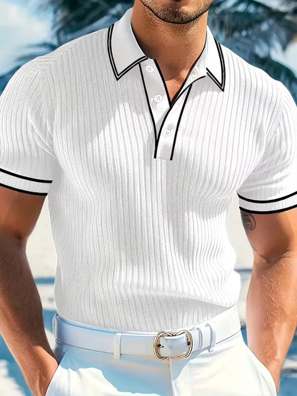 Effortless Ribbed Knit Polo Shirt for Women with Collar Short Sleeve Contrast Trim Casual Style
