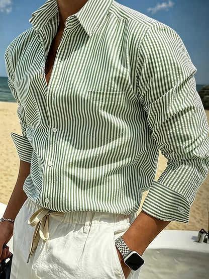 Effortless Blue Striped Seersucker Blouse for Women with Collar Long Sleeve Button Front Relaxed Style