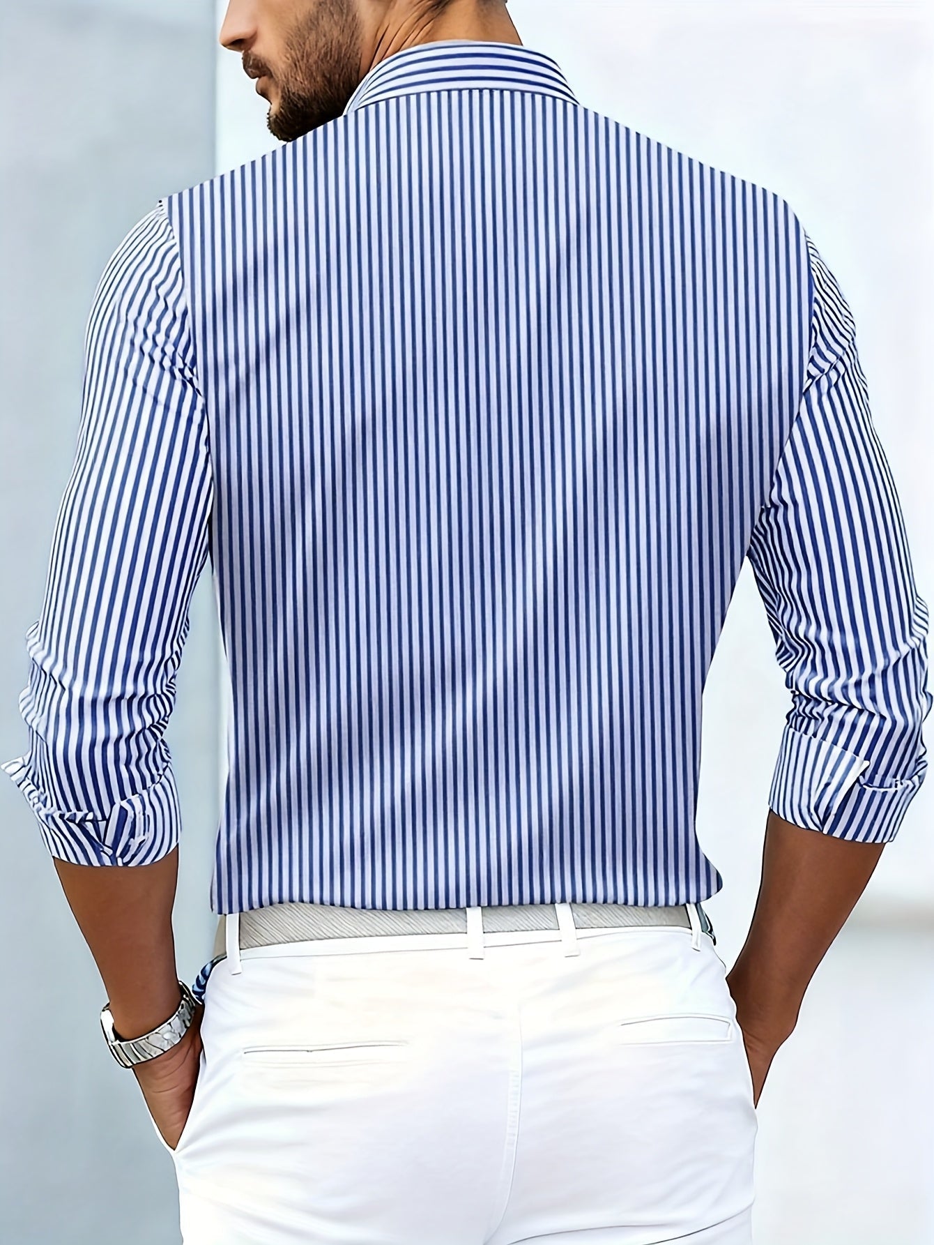 Elegant Blue Striped Shirt for Women with Collar Long Sleeve Button Front Relaxed Casual Style