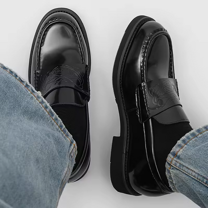 Elegant Black Leather Loafer for Women with Embossed Strap Round Toe Chunky Platform Style