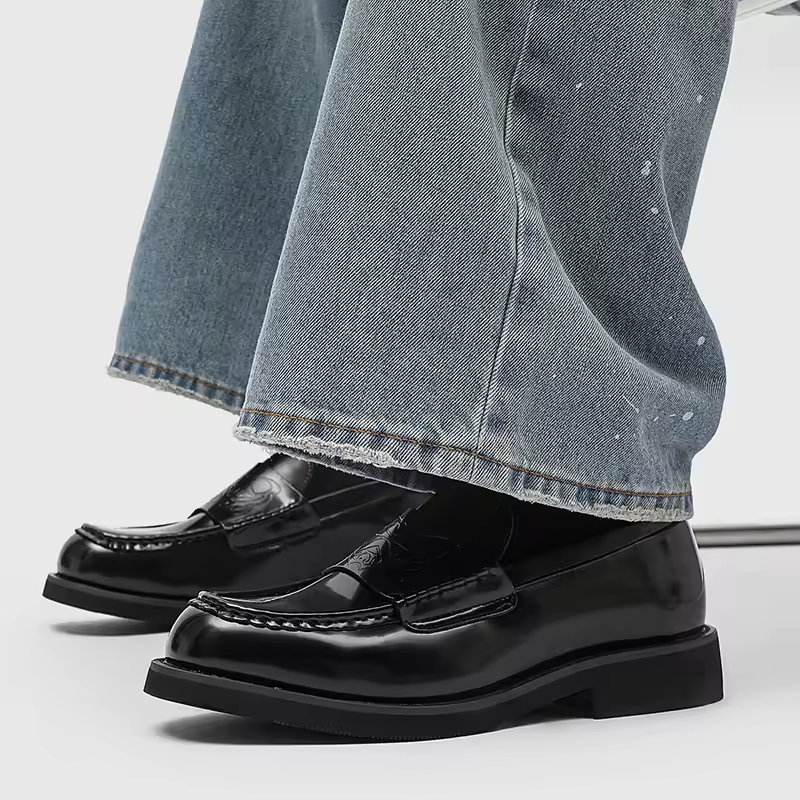 Elegant Black Leather Loafer for Women with Embossed Strap Round Toe Chunky Platform Style