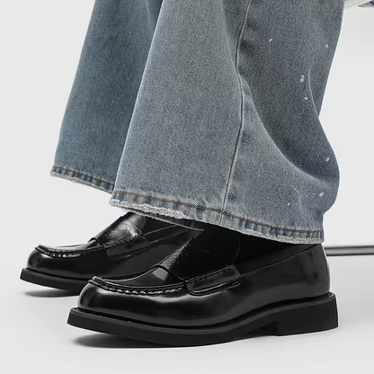 Elegant Black Leather Loafer for Women with Embossed Strap Round Toe Chunky Platform Style