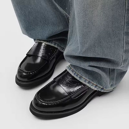 Elegant Black Leather Loafer for Women with Embossed Strap Round Toe Chunky Platform Style