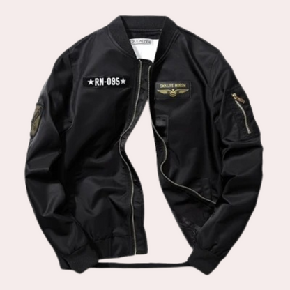 Effortless Black Patch Bomber Jacket for Women with Rib Collar Long Sleeve Zip Front Relaxed Casual Style
