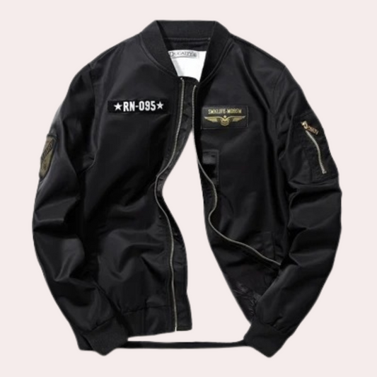 Effortless Black Patch Bomber Jacket for Women with Rib Collar Long Sleeve Zip Front Relaxed Casual Style