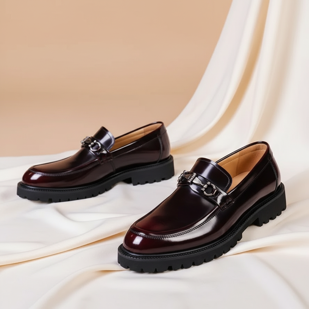 Elegant Patent Leather Loafer for Women with Horsebit Buckle Chunky Lug Sole Casual Style