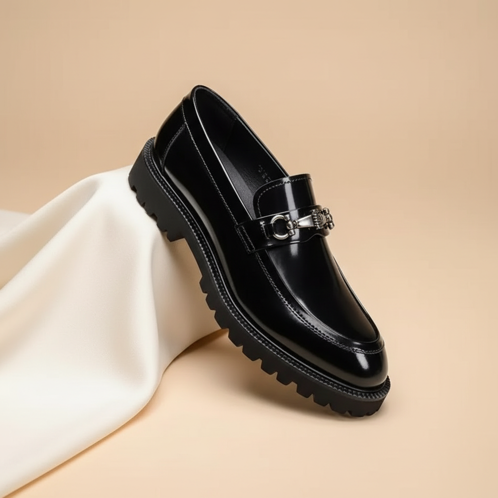 Elegant Patent Leather Loafer for Women with Horsebit Buckle Chunky Lug Sole Casual Style