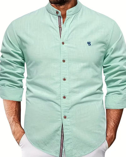 Effortless Linen Button Up Shirt for Women with Mandarin Collar Long Sleeve Striped Trim Casual Style