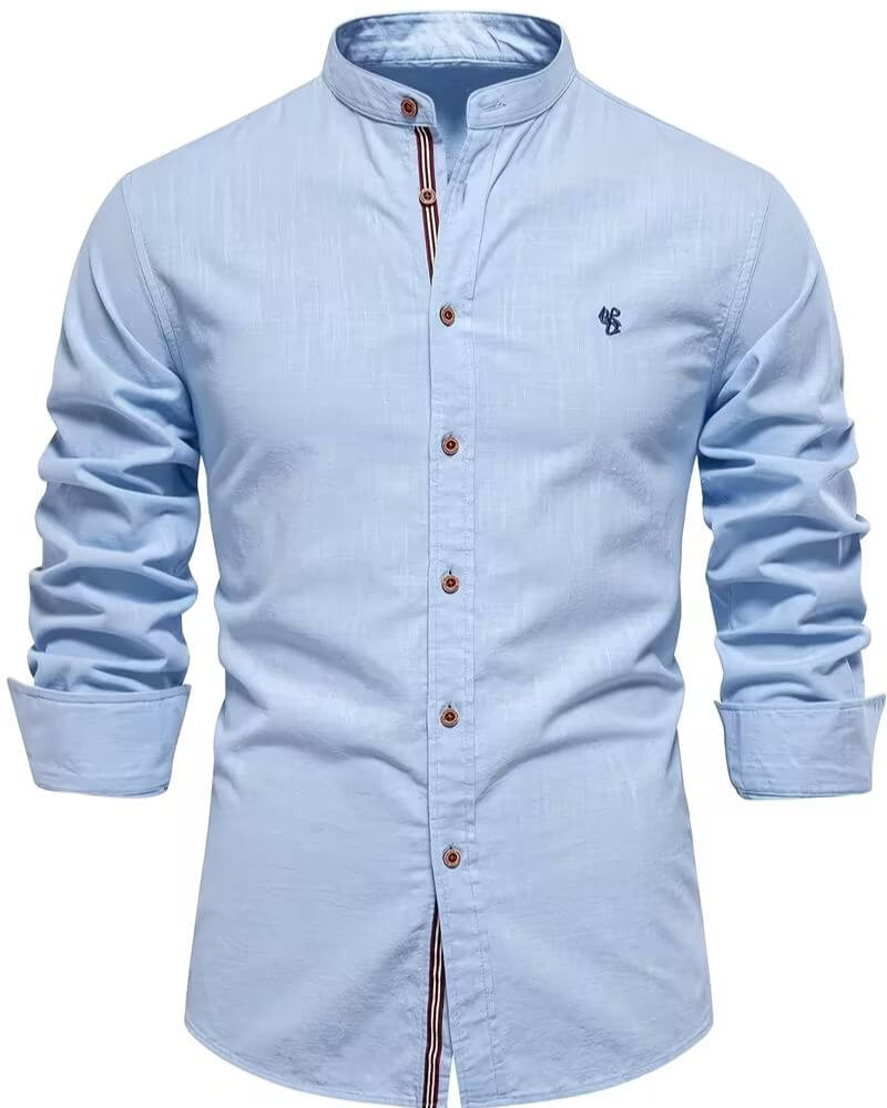 Effortless Linen Button Up Shirt for Women with Mandarin Collar Long Sleeve Striped Trim Casual Style