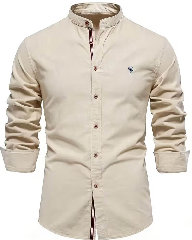 Effortless Linen Button Up Shirt for Women with Mandarin Collar Long Sleeve Striped Trim Casual Style