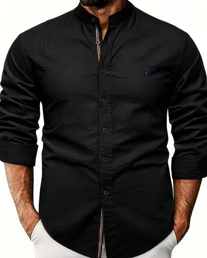 Effortless Linen Button Up Shirt for Women with Mandarin Collar Long Sleeve Striped Trim Casual Style