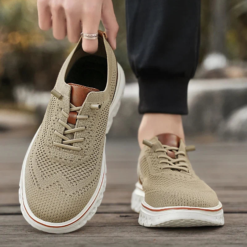Comfortable Knit Fashion Sneaker for Women with Lace Up Leather Trim Chunky Sole Casual Style