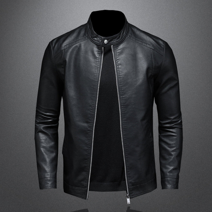Elegant Black Leather Jacket for Women with Stand Collar Long Sleeve Zip Front Moto Style