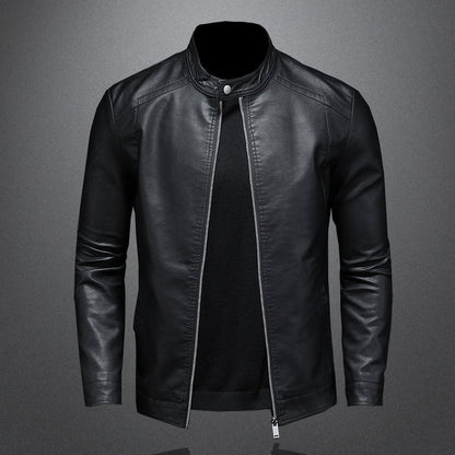 Elegant Black Leather Jacket for Women with Stand Collar Long Sleeve Zip Front Moto Style