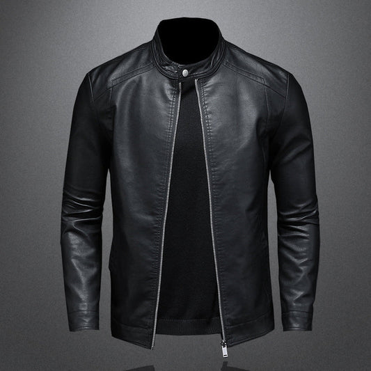 Elegant Black Leather Jacket for Women with Stand Collar Long Sleeve Zip Front Moto Style