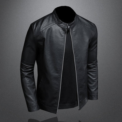 Elegant Black Leather Jacket for Women with Stand Collar Long Sleeve Zip Front Moto Style