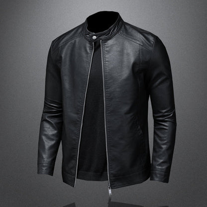 Elegant Black Leather Jacket for Women with Stand Collar Long Sleeve Zip Front Moto Style