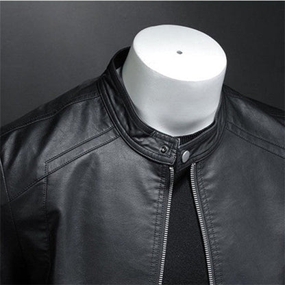 Elegant Black Leather Jacket for Women with Stand Collar Long Sleeve Zip Front Moto Style