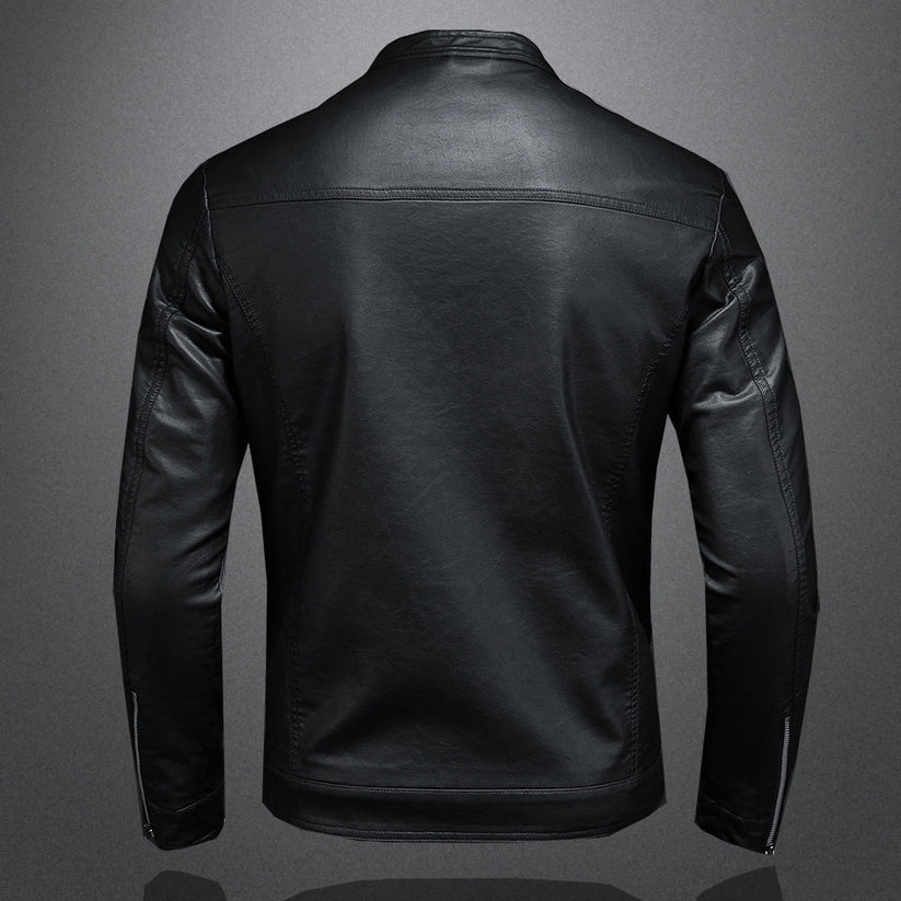 Elegant Black Leather Jacket for Women with Stand Collar Long Sleeve Zip Front Moto Style