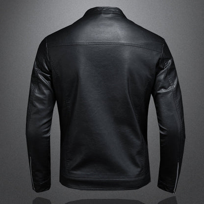 Elegant Black Leather Jacket for Women with Stand Collar Long Sleeve Zip Front Moto Style
