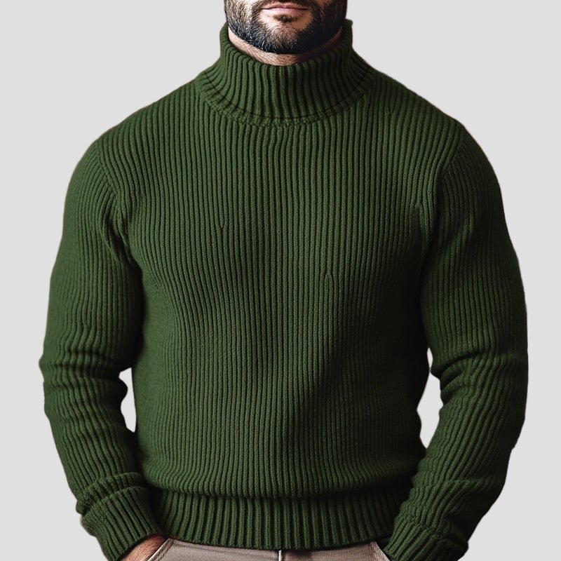 Comfortable Olive Green Ribbed Sweater for Women with Turtleneck Long Sleeve Fitted Oversized Knit Style