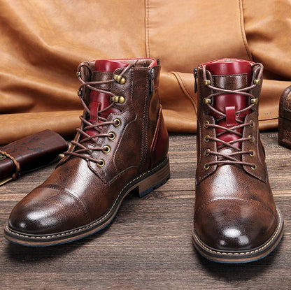 Elegant Brown Leather Ankle Boots for Women with Cap Toe Lace Up Zipper Casual Style