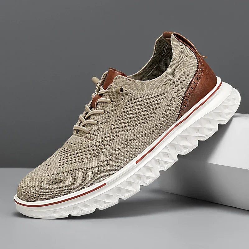 Comfortable Knit Fashion Sneaker for Women with Lace Up Leather Trim Chunky Sole Casual Style