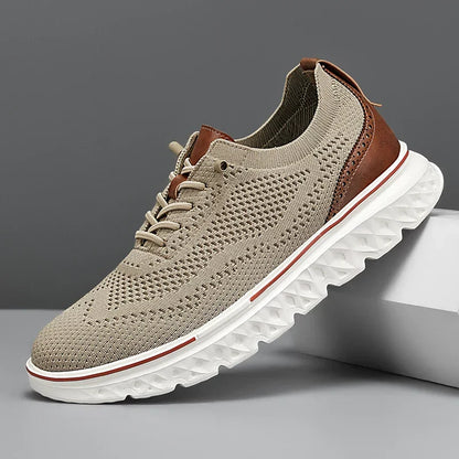 Comfortable Knit Fashion Sneaker for Women with Lace Up Leather Trim Chunky Sole Casual Style