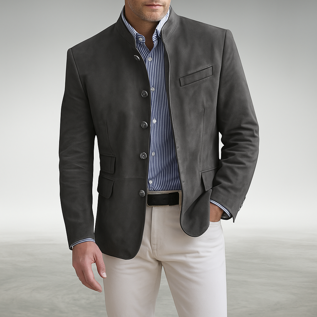 Elegant Suede Jacket for Women with Stand Collar Long Sleeve Button Front Casual Style