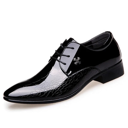 Elegant Black Crocodile Print Patent Leather Oxford Shoe for Women with Pointed Toe Lace Up Embossed Formal Style